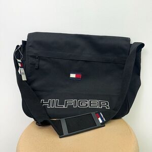 Tommy Hilfiger Unisex Vintage Y2K 90s Black Spell Out Small Flag Messenger Bag